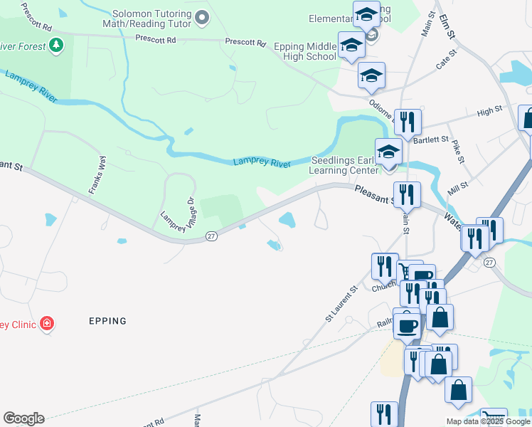 map of restaurants, bars, coffee shops, grocery stores, and more near 70 Pleasant Street in Epping