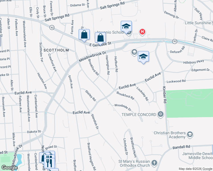 map of restaurants, bars, coffee shops, grocery stores, and more near 306 Brookford Road in Syracuse