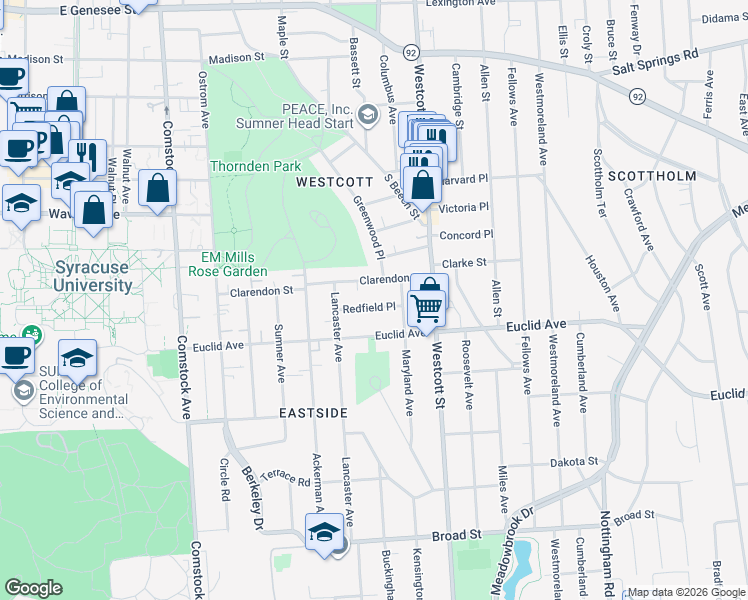 map of restaurants, bars, coffee shops, grocery stores, and more near 536 Clarendon Street in Syracuse
