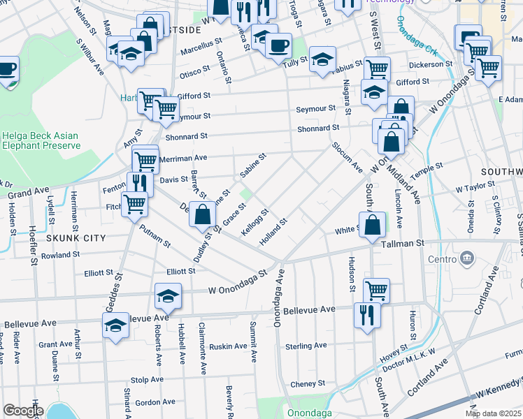 map of restaurants, bars, coffee shops, grocery stores, and more near 300 Kellogg Street in Syracuse