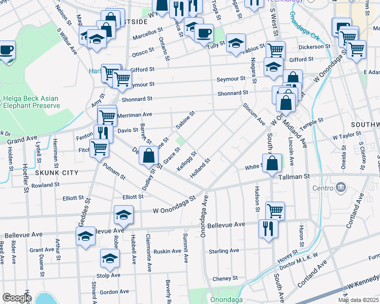 map of restaurants, bars, coffee shops, grocery stores, and more near 300 Kellogg Street in Syracuse