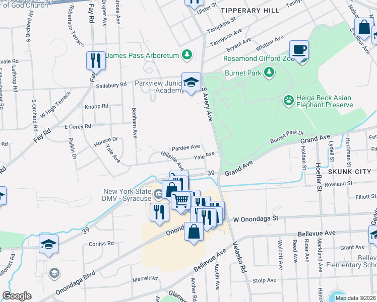 map of restaurants, bars, coffee shops, grocery stores, and more near 117 Pardee Avenue in Syracuse