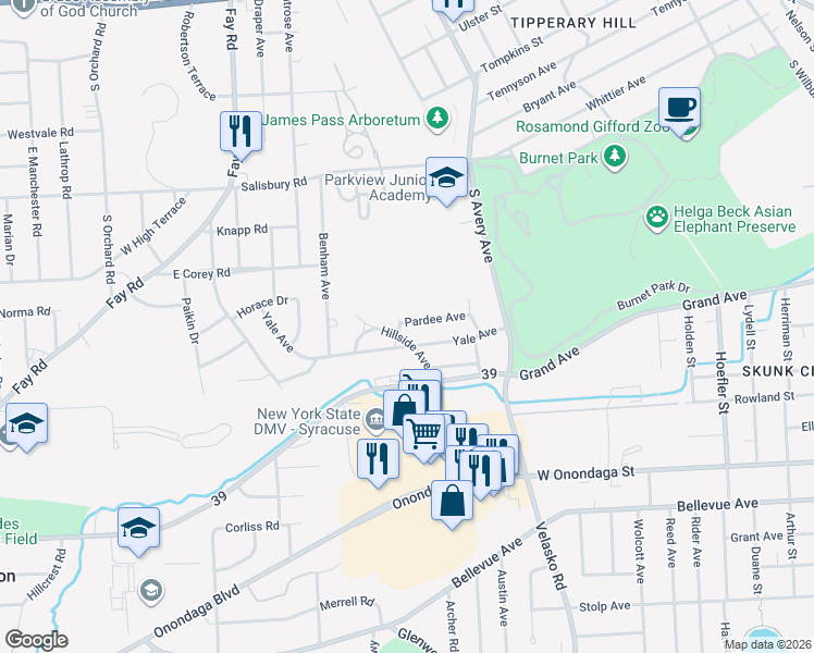 map of restaurants, bars, coffee shops, grocery stores, and more near 101 Edgeworth Avenue in Syracuse