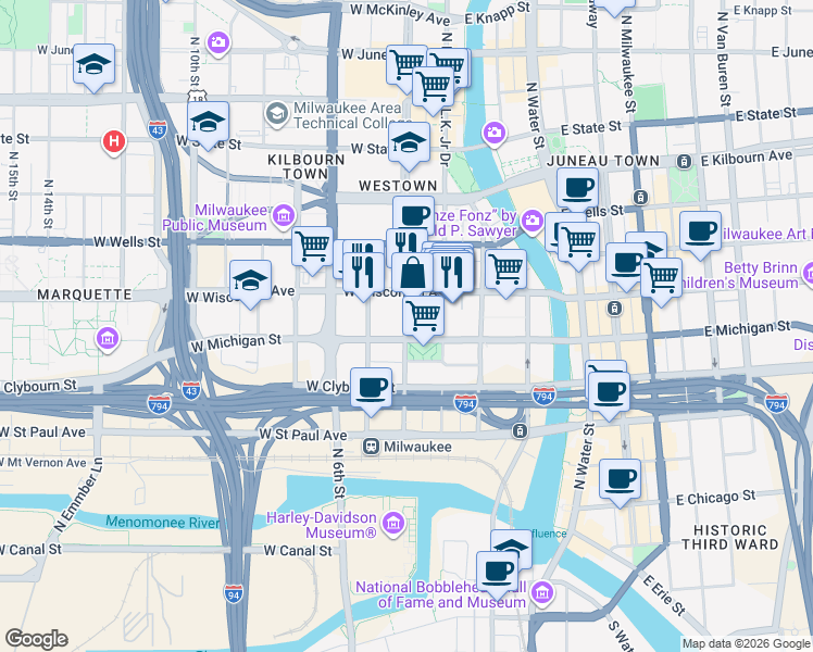 map of restaurants, bars, coffee shops, grocery stores, and more near 615 Vel R. Phillips Avenue in Milwaukee