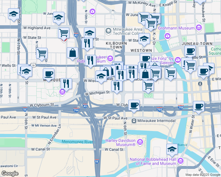 map of restaurants, bars, coffee shops, grocery stores, and more near 625 North 7th Street in Milwaukee