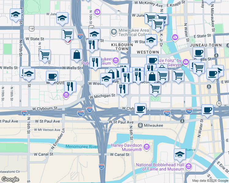 map of restaurants, bars, coffee shops, grocery stores, and more near 625 North 7th Street in Milwaukee
