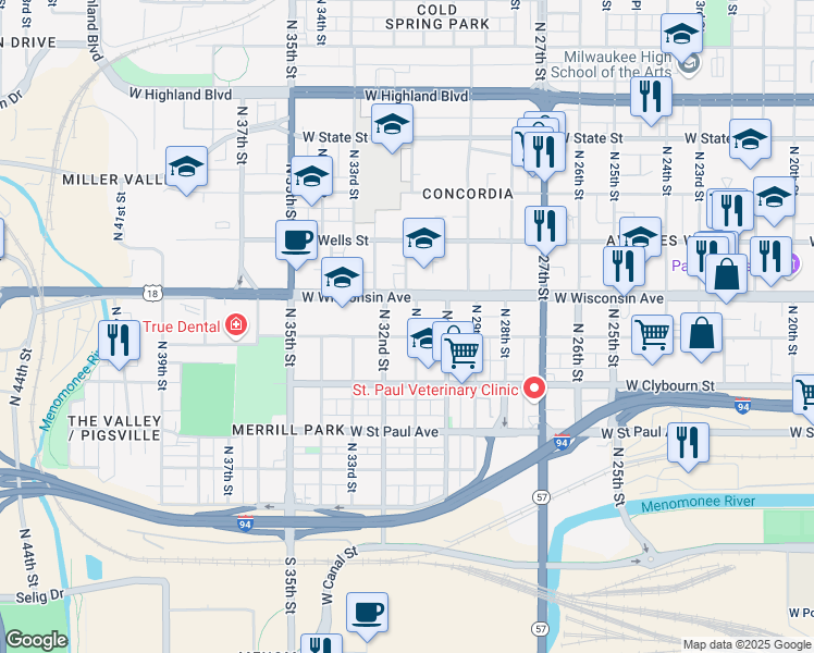 map of restaurants, bars, coffee shops, grocery stores, and more near 3030 West Michigan Street in Milwaukee