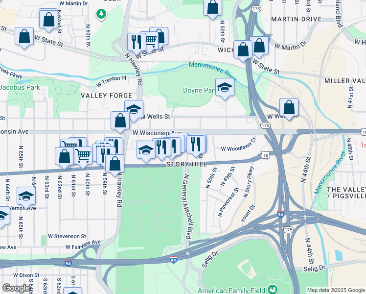 map of restaurants, bars, coffee shops, grocery stores, and more near 610 North 53rd Street in Milwaukee