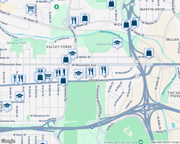 map of restaurants, bars, coffee shops, grocery stores, and more near 608 North 54th Street in Milwaukee