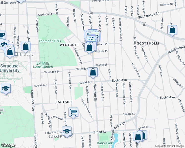 map of restaurants, bars, coffee shops, grocery stores, and more near 724 Westcott Street in Syracuse