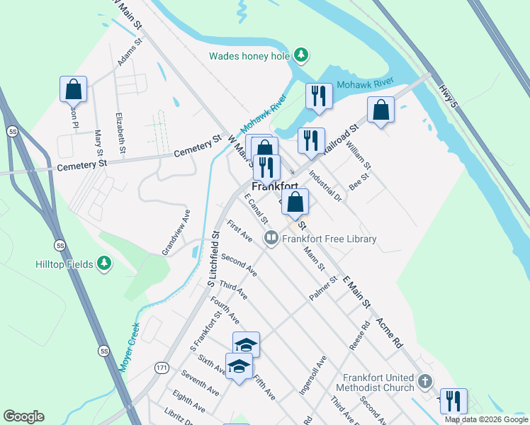 map of restaurants, bars, coffee shops, grocery stores, and more near 130-132 East Main Street in Frankfort