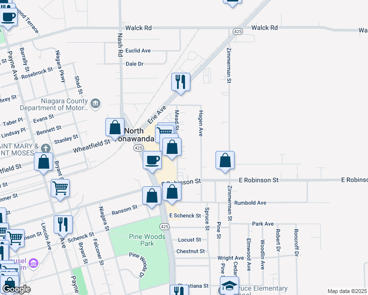 map of restaurants, bars, coffee shops, grocery stores, and more near 125 Mead Street in North Tonawanda