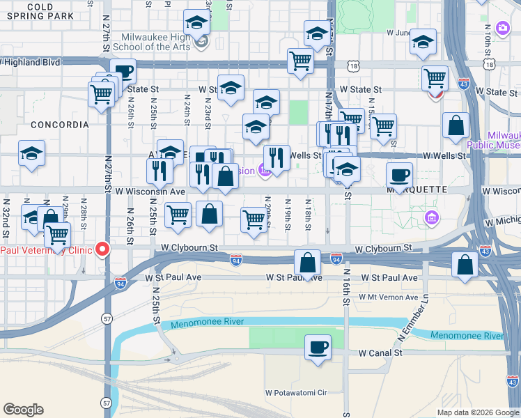 map of restaurants, bars, coffee shops, grocery stores, and more near 611 North 20th Street in Milwaukee