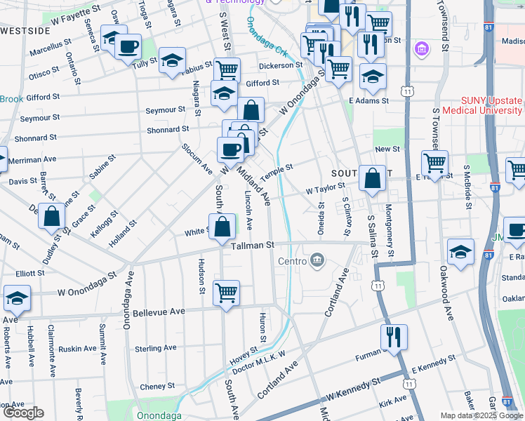 map of restaurants, bars, coffee shops, grocery stores, and more near 310 Midland Avenue in Syracuse