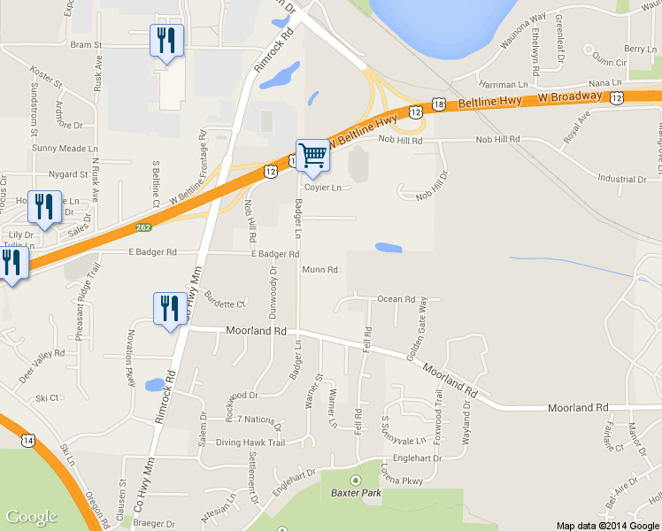 map of restaurants, bars, coffee shops, grocery stores, and more near 390 Munn Road in Madison