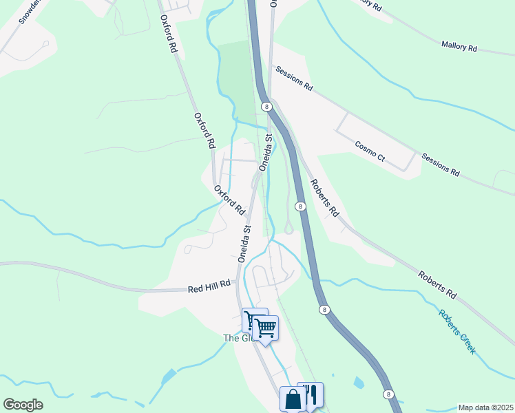 map of restaurants, bars, coffee shops, grocery stores, and more near 3620 Oneida Street in New Hartford