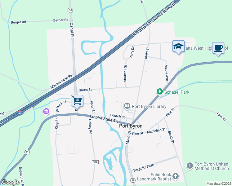 map of restaurants, bars, coffee shops, grocery stores, and more near 36 Green Street in Port Byron