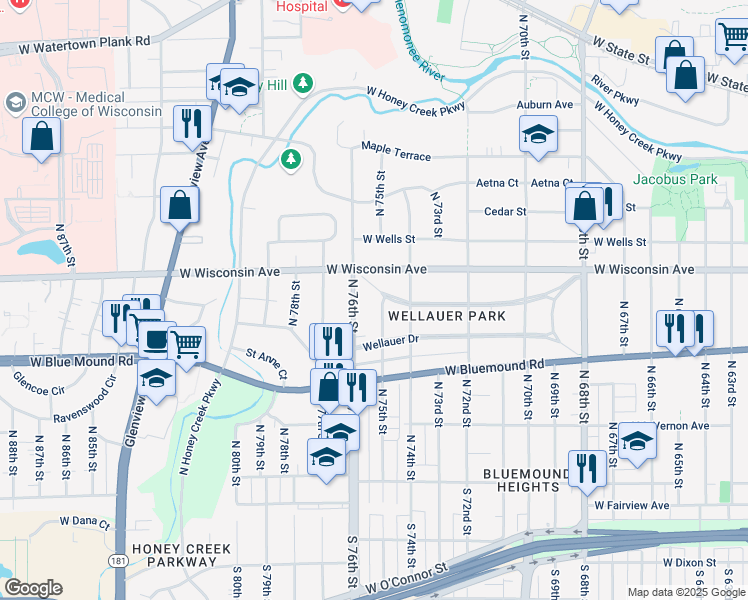 map of restaurants, bars, coffee shops, grocery stores, and more near 7511 Grand Parkway in Wauwatosa