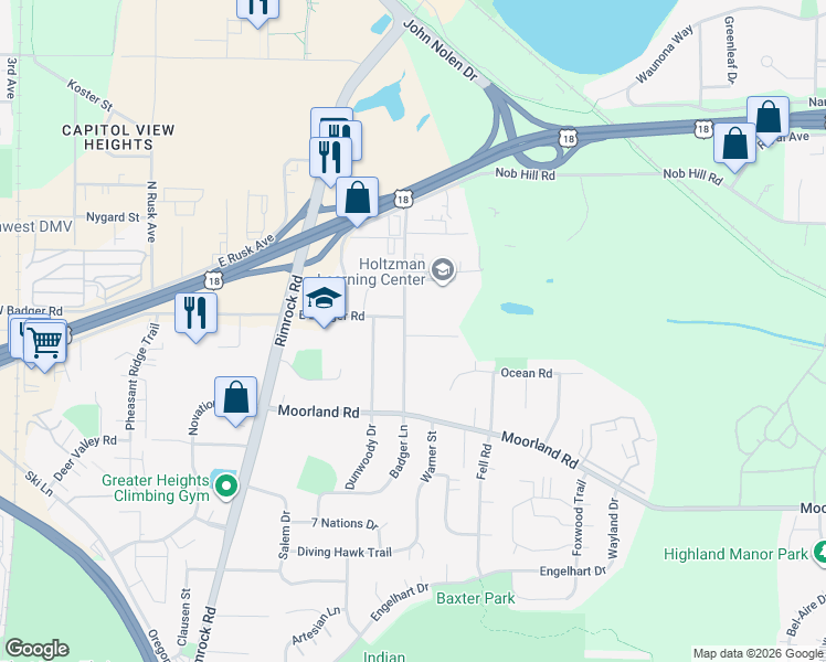 map of restaurants, bars, coffee shops, grocery stores, and more near 2502 Badger Lane in Madison