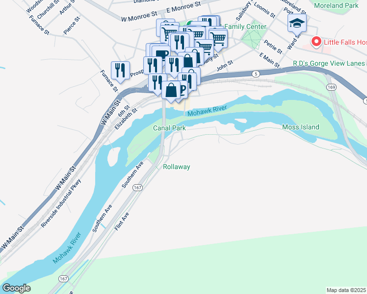 map of restaurants, bars, coffee shops, grocery stores, and more near 37 West Casler Street in Little Falls