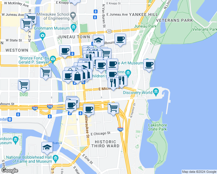 map of restaurants, bars, coffee shops, grocery stores, and more near 611 North Van Buren Street in Milwaukee