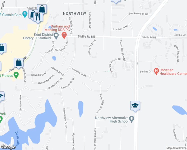 map of restaurants, bars, coffee shops, grocery stores, and more near 2900 Manitou Drive Northeast in Grand Rapids