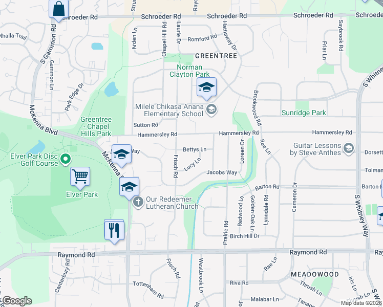 map of restaurants, bars, coffee shops, grocery stores, and more near 6405 Bettys Ln in Madison