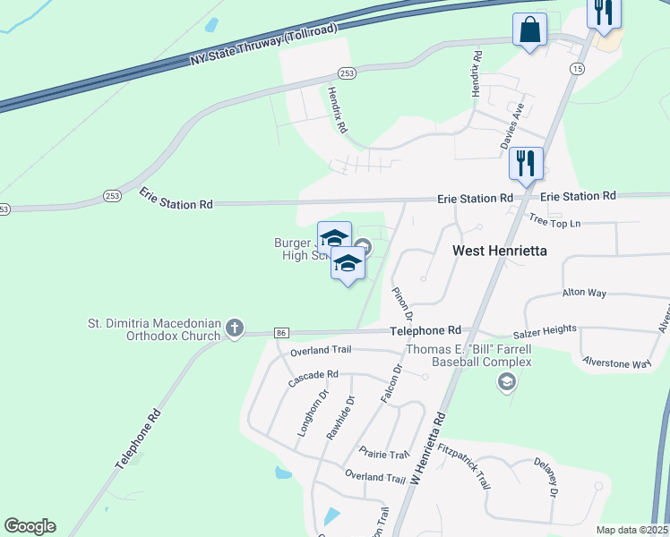 map of restaurants, bars, coffee shops, grocery stores, and more near 639 Erie Station Road in West Henrietta
