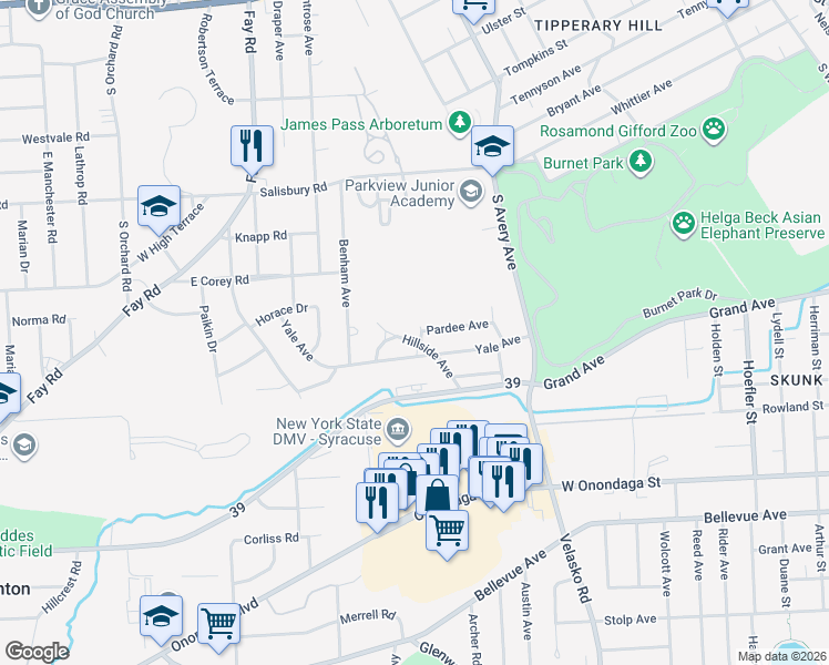 map of restaurants, bars, coffee shops, grocery stores, and more near 101 Edgeworth Avenue in Syracuse