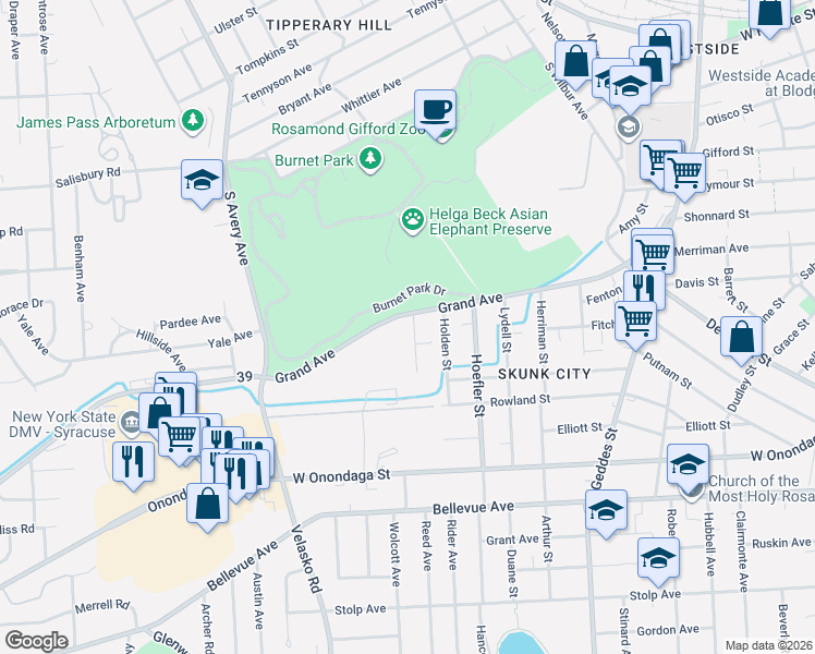 map of restaurants, bars, coffee shops, grocery stores, and more near 113 Depalma Avenue in Syracuse