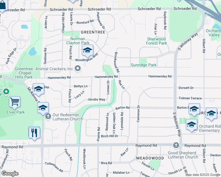 map of restaurants, bars, coffee shops, grocery stores, and more near 1401 Loreen Drive in Madison