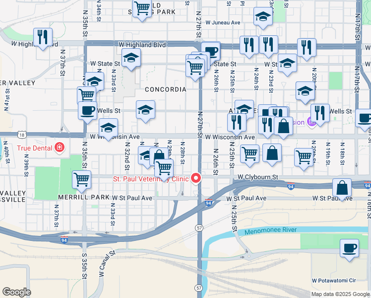 map of restaurants, bars, coffee shops, grocery stores, and more near 612 North 28th Street in Milwaukee