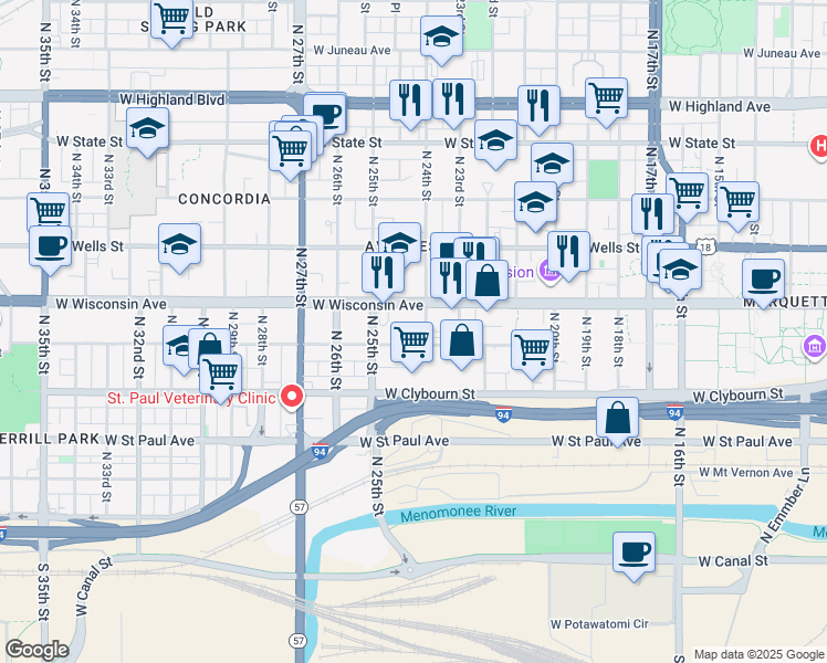 map of restaurants, bars, coffee shops, grocery stores, and more near 2401 West Wisconsin Avenue in Milwaukee