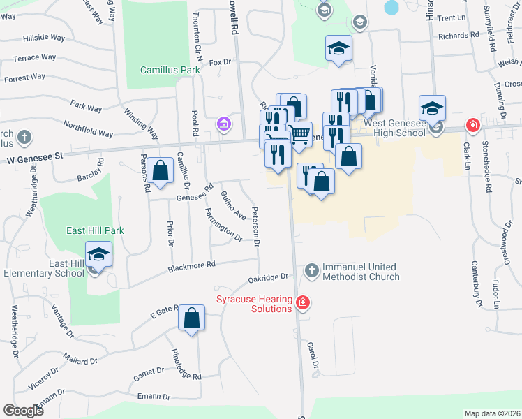 map of restaurants, bars, coffee shops, grocery stores, and more near 212 Peterson Drive in Camillus