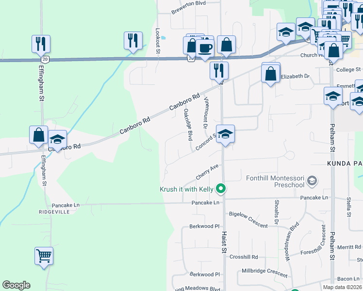 map of restaurants, bars, coffee shops, grocery stores, and more near 9 Evelyn Court in Pelham