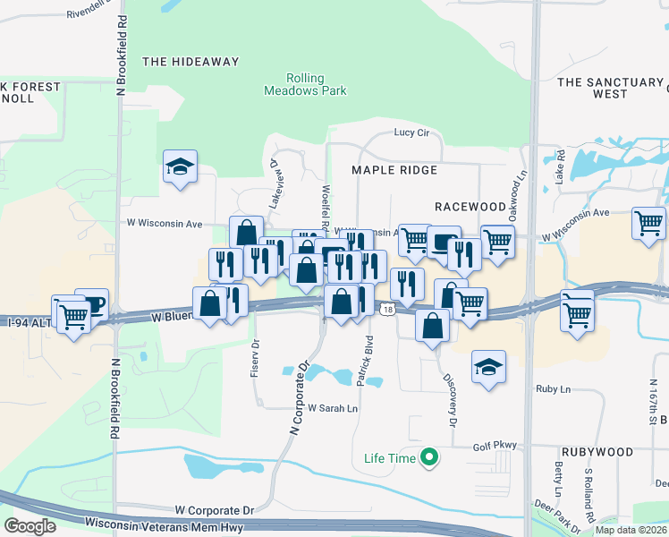 map of restaurants, bars, coffee shops, grocery stores, and more near 600 Woelfel Road in Brookfield