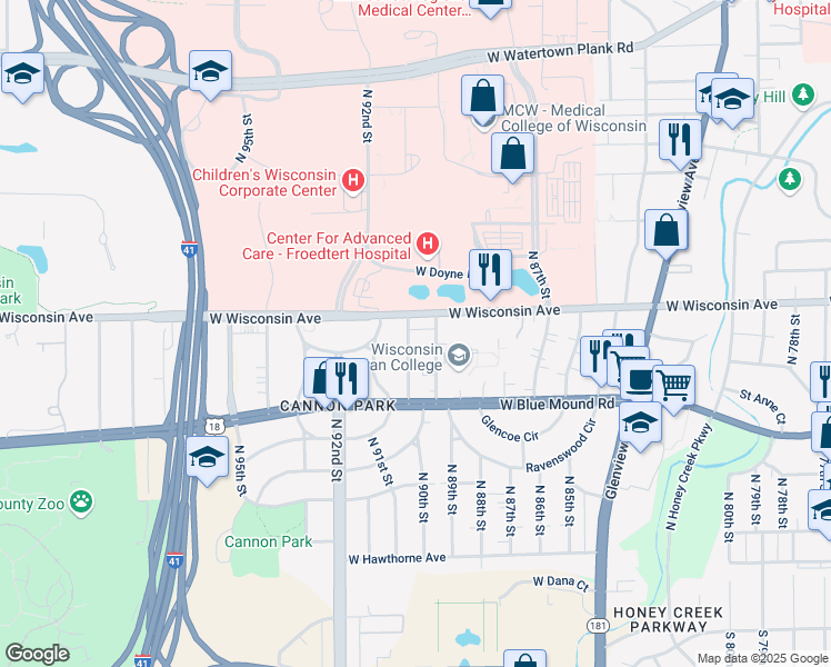 map of restaurants, bars, coffee shops, grocery stores, and more near 630 North 90th Street in Milwaukee