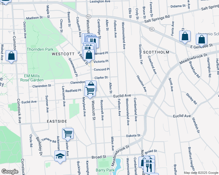 map of restaurants, bars, coffee shops, grocery stores, and more near 733-35 Allen Street in Syracuse