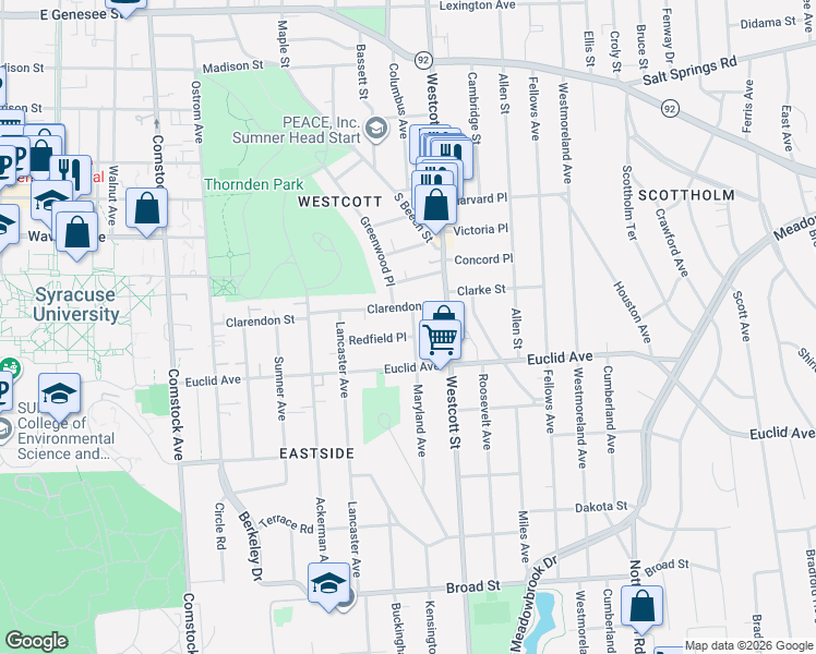 map of restaurants, bars, coffee shops, grocery stores, and more near 710 Maryland Avenue in Syracuse