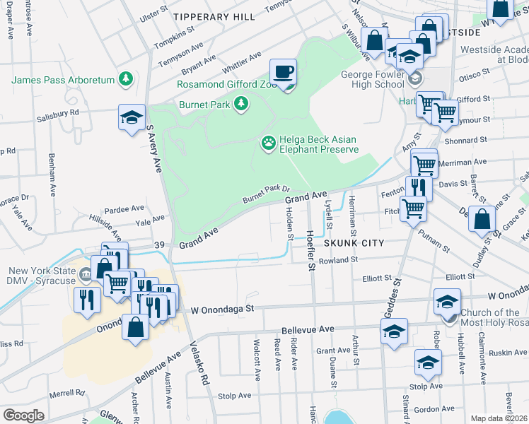 map of restaurants, bars, coffee shops, grocery stores, and more near 113 Depalma Avenue in Syracuse