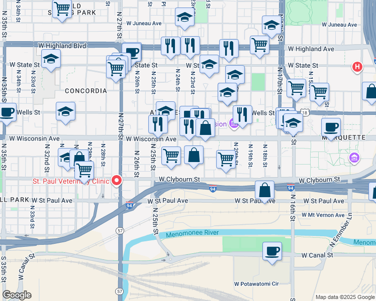 map of restaurants, bars, coffee shops, grocery stores, and more near 617 North 23rd Street in Milwaukee