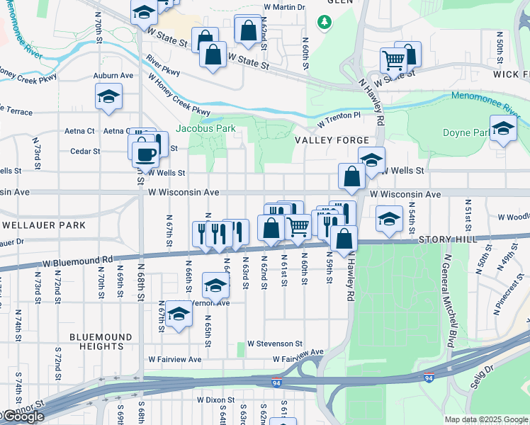 map of restaurants, bars, coffee shops, grocery stores, and more near 611 North 62nd Street in Wauwatosa