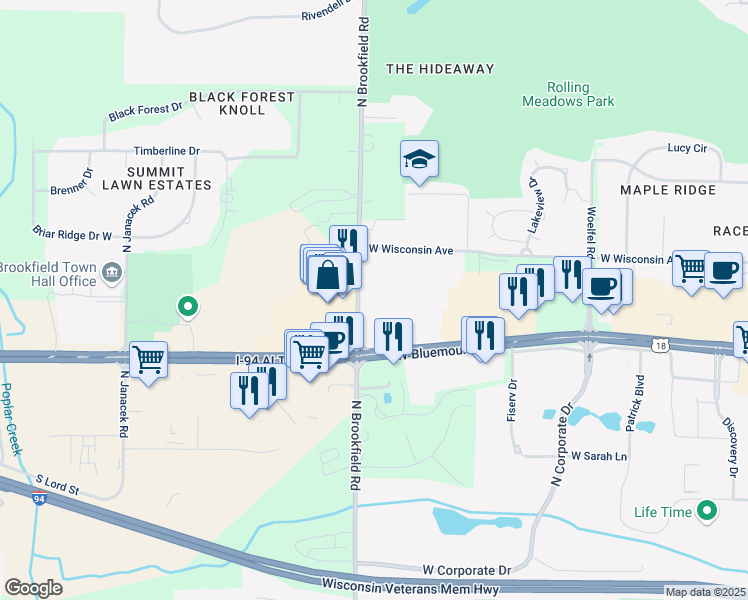 map of restaurants, bars, coffee shops, grocery stores, and more near 18740 West Bluemound Road in Brookfield