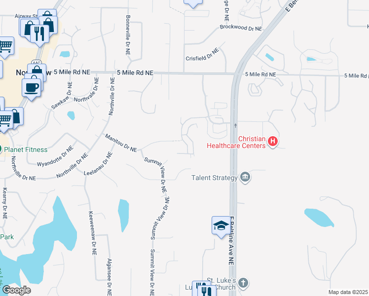 map of restaurants, bars, coffee shops, grocery stores, and more near 4129 Tamarack Turn Street Northeast in Grand Rapids