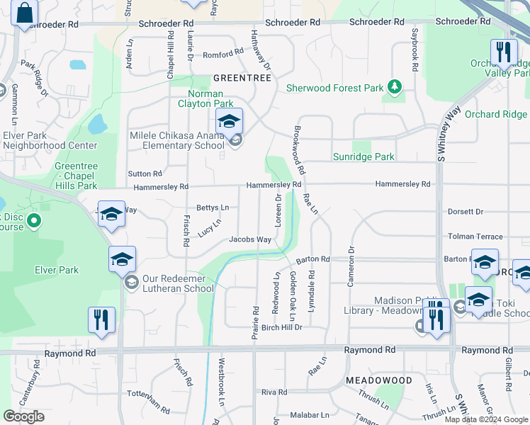 map of restaurants, bars, coffee shops, grocery stores, and more near 1401 Prairie Rd in Madison