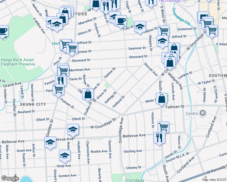 map of restaurants, bars, coffee shops, grocery stores, and more near 300 Kellogg Street in Syracuse