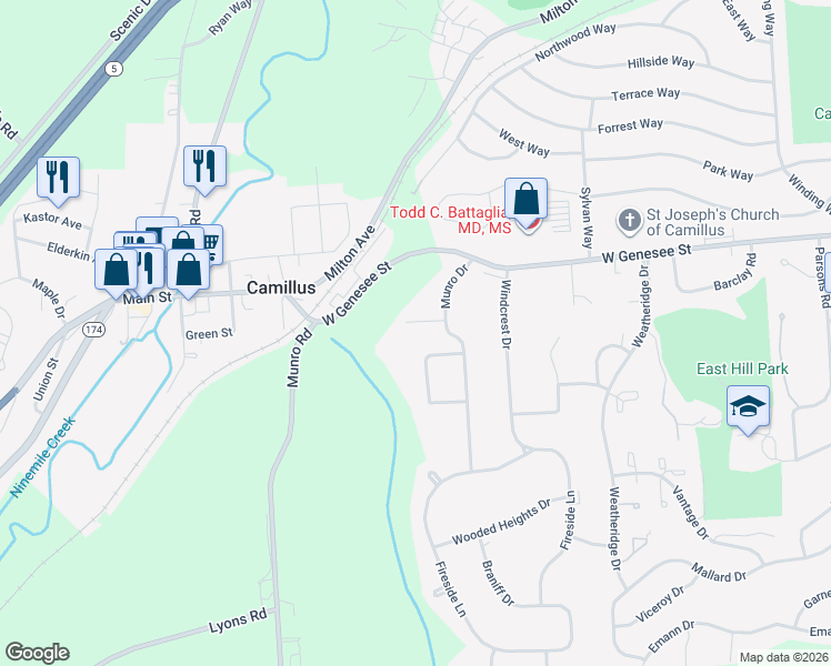 map of restaurants, bars, coffee shops, grocery stores, and more near 103 Orchard Way in Camillus