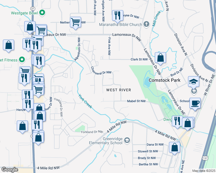 map of restaurants, bars, coffee shops, grocery stores, and more near 358 Yorkwoods Drive Northwest in Comstock Park
