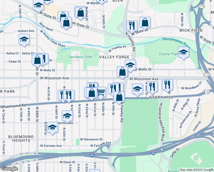 map of restaurants, bars, coffee shops, grocery stores, and more near 5928 West Michigan Street in Wauwatosa