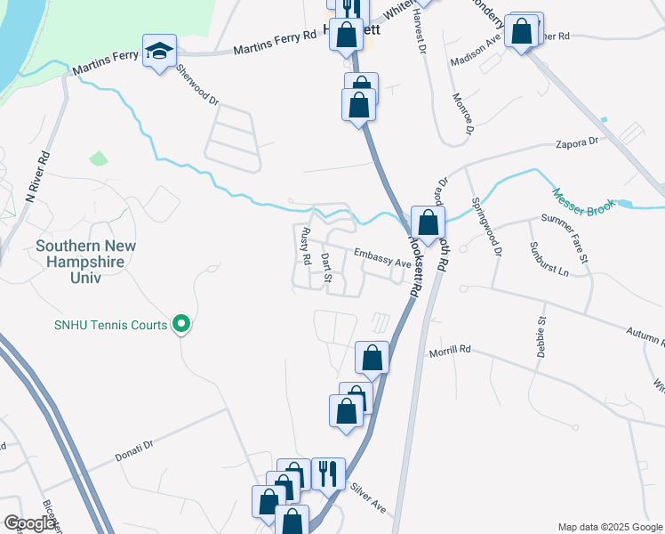 map of restaurants, bars, coffee shops, grocery stores, and more near 9 Dart Street in Hooksett